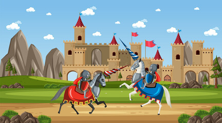 Medieval battle scene in cartoon style