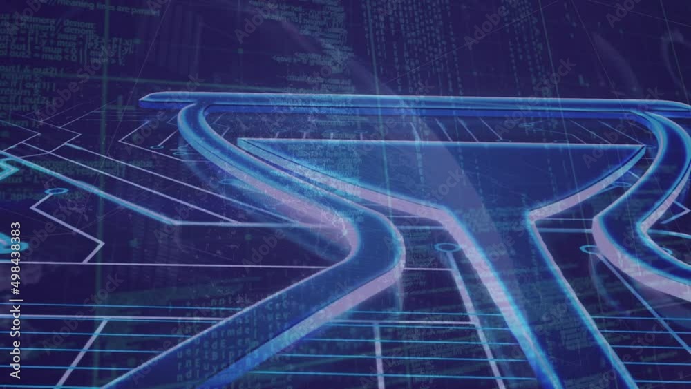 Poster animation of computer circuit board with icon and data processing over black background