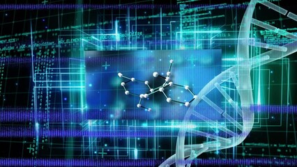 Animation of interference and dna strand over data processing shapes on black background - Powered by Adobe