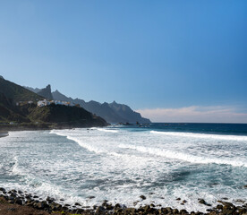 Panoramic view on lava rocks of laya de Almaciga and blue Atlantic ocean, Anaga national park near Tanagana village,  North of Tenerife, Canary islands, Spain