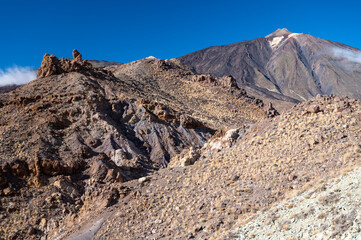 Visiting Teide national park on Tenerife and view on volcanic landscapes, Canary islands, Spain