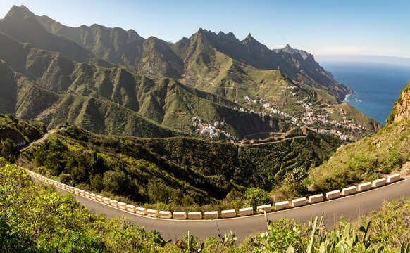 Driving on narrow road in Anaga national park near Tanagana village, North of Tenerife, Canary islands, Spain