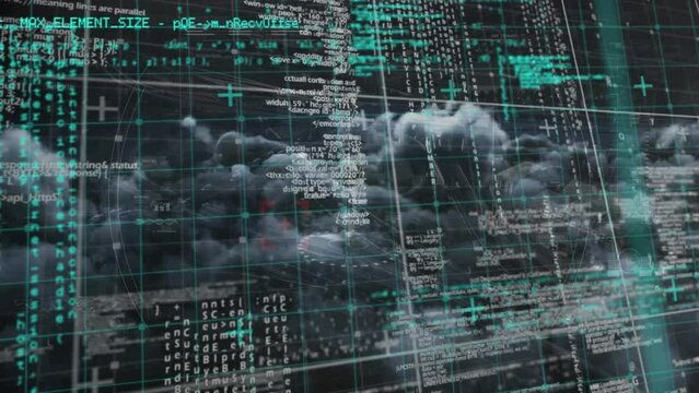 Animation of green shapes and data processing over clauds on black background