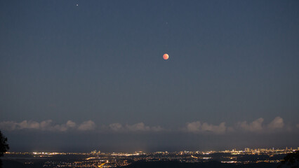 Red Blood Full Moon Over Coastal City of Gold Coast Night Lights