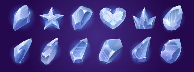 Game icons of diamond crystals in abstract, star, heart, and crown shape. Vector cartoon set of blue shiny gems or stones of glass, ice or rhinestone isolated on background