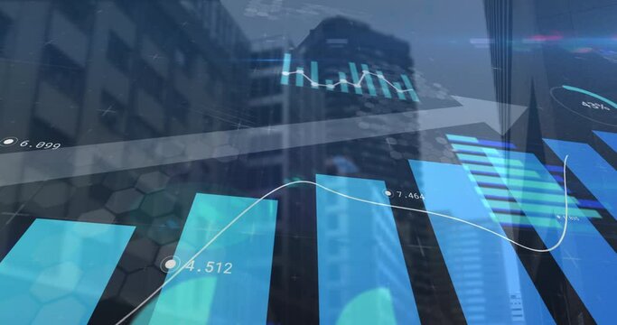Animation of financial data and statistics processing with arrow over city background