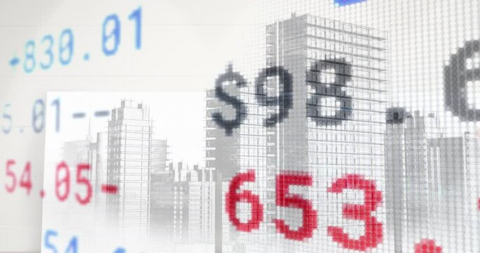 Digital animation of stock market data processing over 3d building model against white background