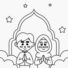 Coloring page cute cartoon illustration of Muslim boys and girls, welcoming Eid Al-Fitr Ramadan for banners, pamphlets, stickers