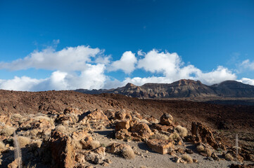 Visiting Teide national park on Tenerife and view on volcanic landscapes, Canary islands, Spain