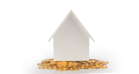 Model of detached miniature house mock up and coins. property real estate investment concept