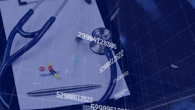 Animation of increasing numbers over stethoscope and pills