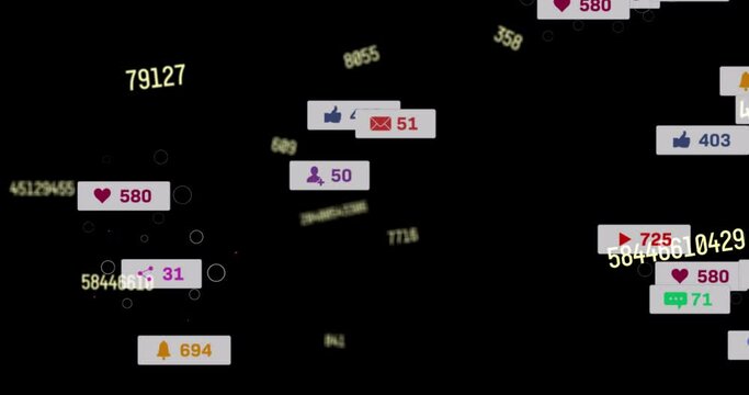 Animation of social media icons floating over changing numbers on black background