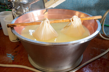 Process of making wheels of parmigiano-reggiano parmesan cheese on small cheese farm in Parma, Italy