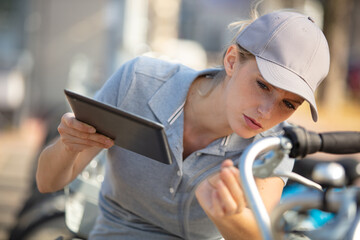 female bike mechanic woman using a tablet