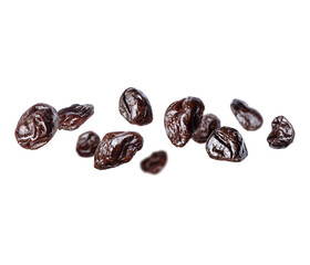 Delicious prunes in the air on a white background