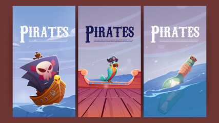 Pirates posters with wooden ship deck, parrot in hat and bottle with letter floating in sea. Vector banners with cartoon illustration of boat with black sails, corsair bird and message in bottle