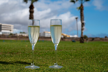 Celebration of championship with glasses of champagne bubbles wine on green lawn of golf club