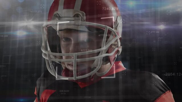 Animation of focus and numbers over caucasian american football player