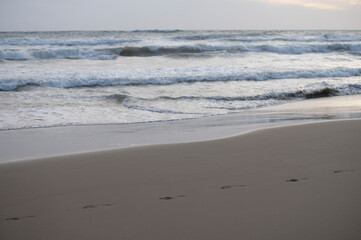 Footsteps on sandy beach and stormy sea waves at winter