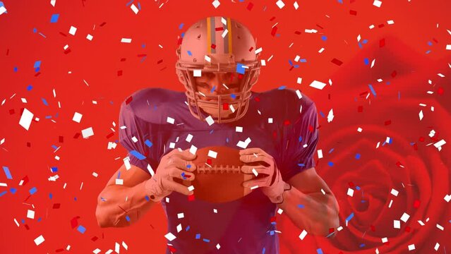 Animation of confetti and rose over american football player on red background