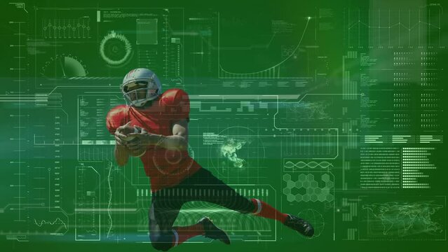 Animation of american football player over processing circles and diverse data on green background