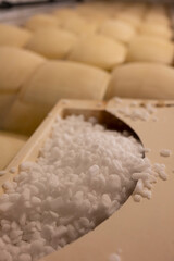 Process of making parmigiano-reggiano parmesan cheese on small cheese farm in Parma, Italy, salting room, wheels brining in brine bath to absorb salt for 20–25 days
