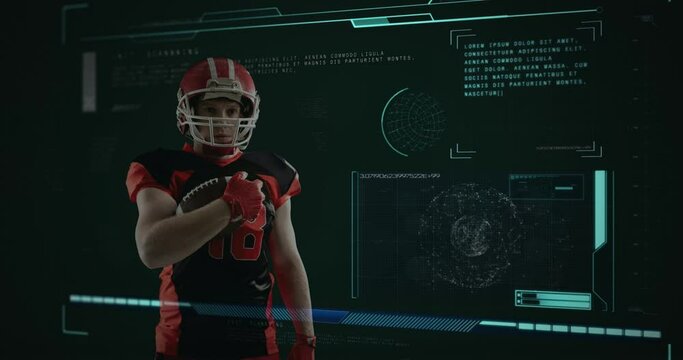 Animation of data processing over male american football player with ball