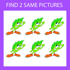 Obraz premium Find a pair game with funny green monsters. Worksheet for preschool kids, kids activity sheet, printable worksheet 