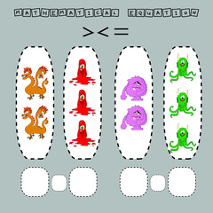 Fototapeta premium math problem: Greater, less, or equal. Count the number of cartoon colored monsters and compare. Educational math game for children. 