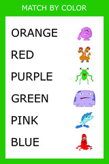 Connect the name of the color and the character of the monster. Logic game for children.