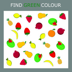 Find green-colored  fruites and berries among the multi-colored ones. Children's educational game.
