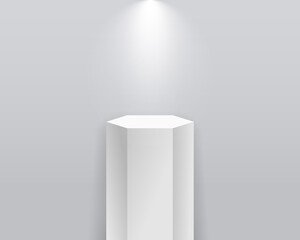Podium pedestal. 3d white stand. Stage with spotlight. Pillar with platform for product, showroom, exposition and exhibition. Hexagon mockup with spotlight for museum. Vector