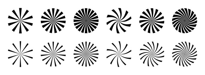 Fototapeta premium Radial sun burst. Black-white round sunburst icons. Starburst circles. Abstract stripes with center. Sunburst elements isolated on white background. Circular stars. Vector