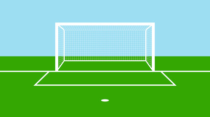 Fototapeta premium Soccer goal field. Football field, gate with goalpost and net. Soccer background for penalty. Football pitch with green grass and white lines. Flat stadium for game and sport. Vector