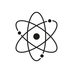 Atom icon. Atom isolated symbol. Nuclear science. Nucleus of proton. Core of neutron. Molecule of life. Pictogram for physics, energy, medicine and chemistry. Vector - obrazy, fototapety, plakaty