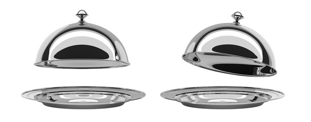 3D Silver tray with open cloche in different angle view. Realistic set of empty chrome plates with dome lids for serving hot food in restaurant. Metal dishes with cover isolated on white background