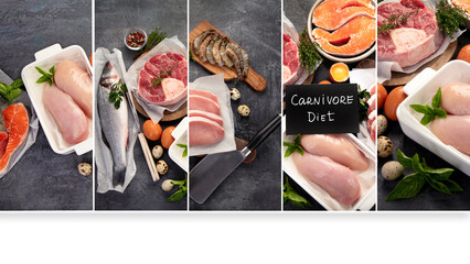 Collage of carnivore diet. - obrazy, fototapety, plakaty