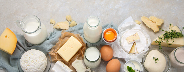 Fresh diary products on light background.