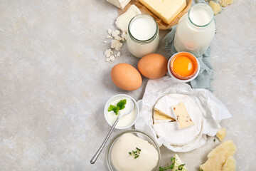 Fresh diary products on light background.