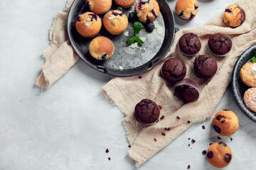Muffins assortment on light background.