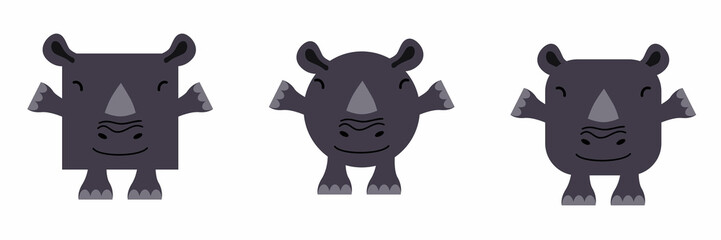 A set of animals of square and round shape. Vector illustration of a rhino in a flat style
