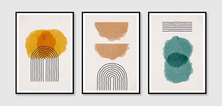 Watercolor collection of vector abstract wall art. Boho color geometric shapes. Artistic design for poster, print, cover, wallpaper, minimalistic and natural wall art. Vector illustration.