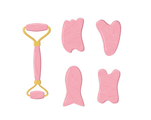 A set of trendy gua sha scrapers made of natural stone and roller massager for facial care. Vector illustration skin care concept.