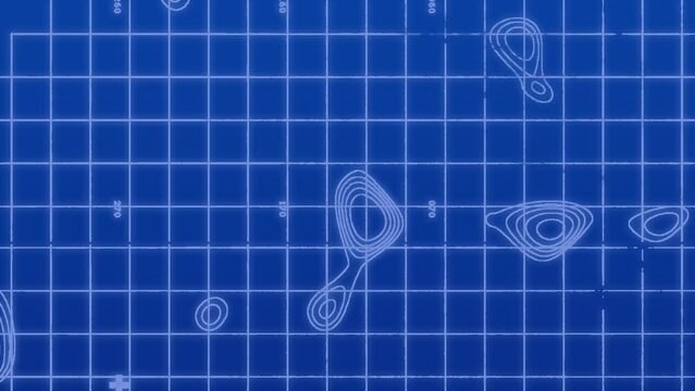 Animation of white shapes over isohypses on blue background