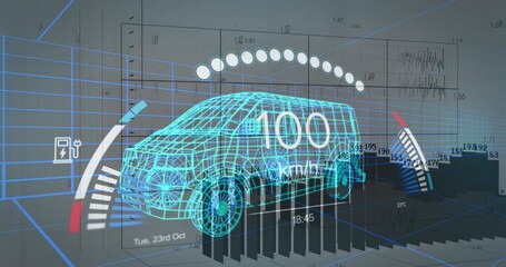 Animation of financial data processing and car panel over digital truck model - Powered by Adobe