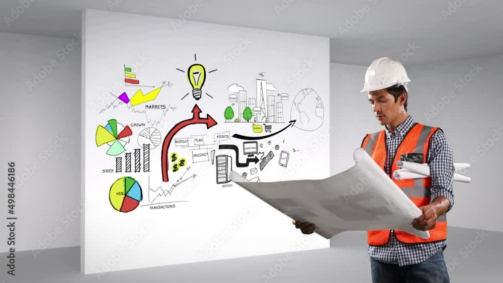 Poster animation of caucasian builing worker over data processing and icons
