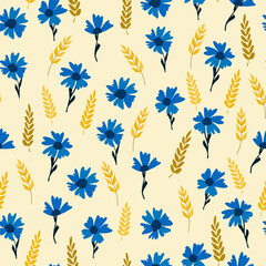 Fototapeta na wymiar Seamless floral natural abstract pattern, white background. Millefleurs style. Blue yellow. Flowers and leaves. Botanical. Hand drawn. Vector