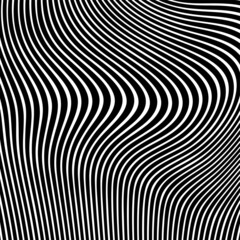 Abstract pattern of wavy stripes or rippled 3D relief black and white lines background. Vector twisted curved stripe modern trendy.3D visual effect, illusion of movement, curvature. Pop art design.