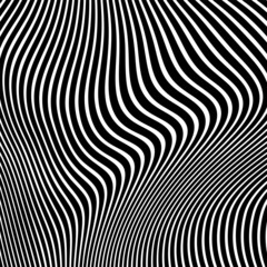 Abstract pattern of wavy stripes or rippled 3D relief black and white lines background. Vector twisted curved stripe modern trendy.3D visual effect, illusion of movement, curvature. Pop art design.