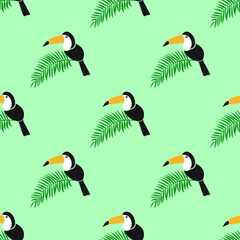 Cute Toucan bird with palm leaves isolated on light green background is in Seamless pattern - vector illustration